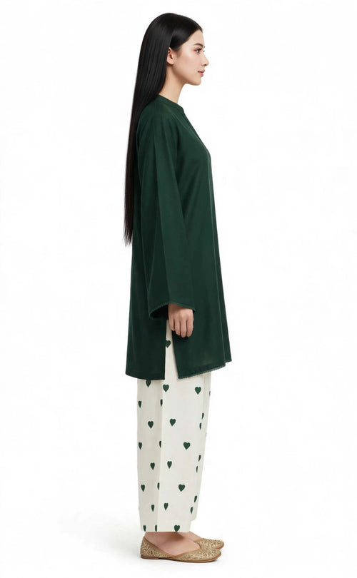 2 Piece Emerald Green Silk Suit | Bell Sleeve Shirt with Heart Print Pants