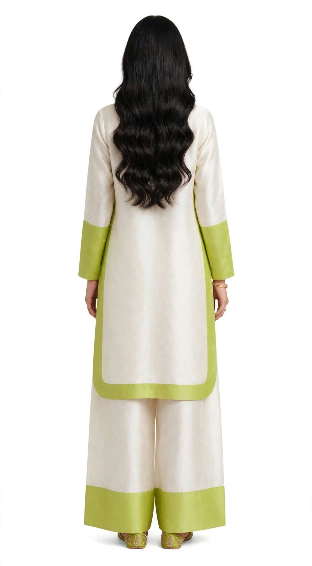2 Piece Ivory Lime Silk Suit | Color Block Shirt with Wide Pants