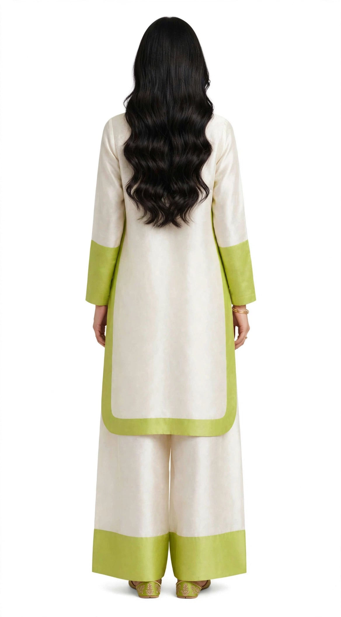 2 Piece Ivory Lime Silk Suit | Color Block Shirt with Wide Pants