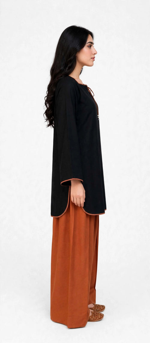 2 Piece Black Rust Silk Suit | Tie Neck Shirt with Wide Pants
