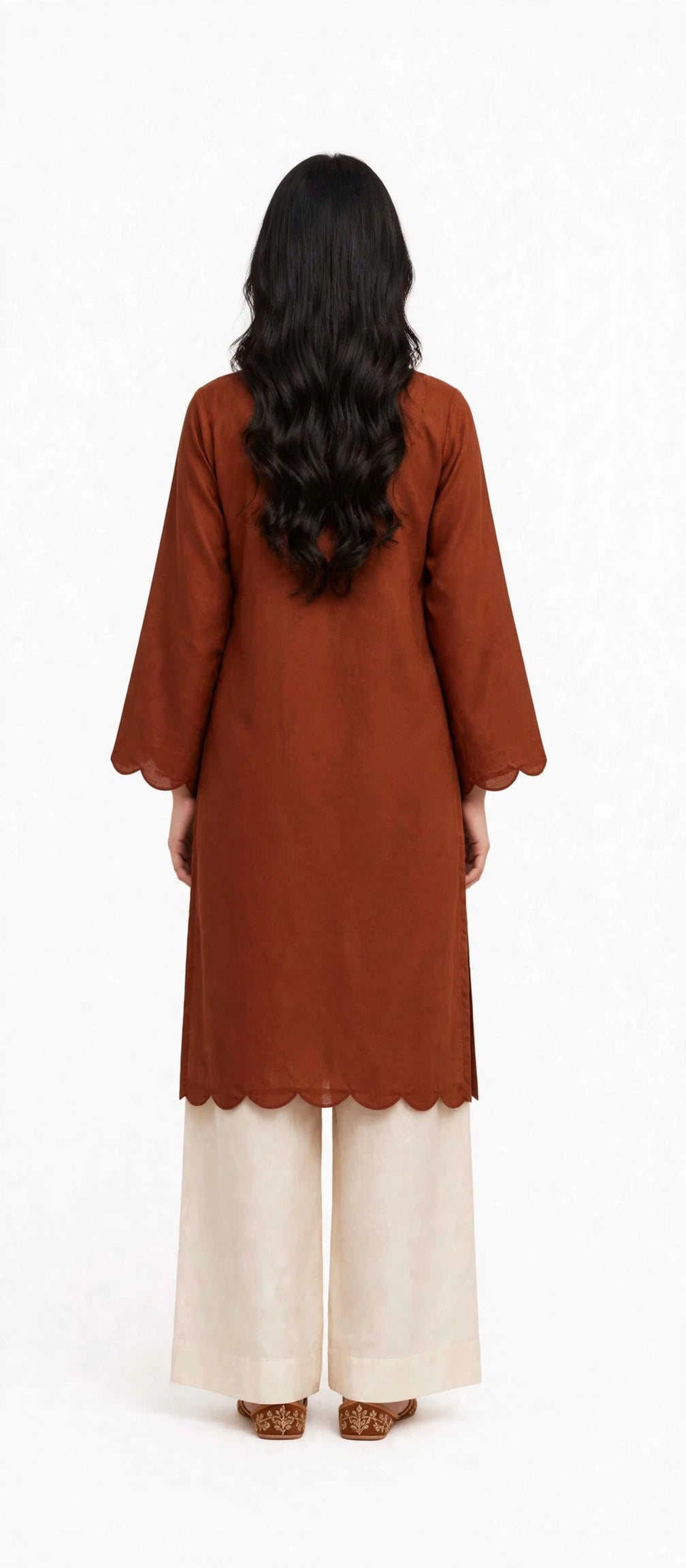 2 Piece Terracotta Silk Suit | Sweetheart Neck Shirt with Wide Pants