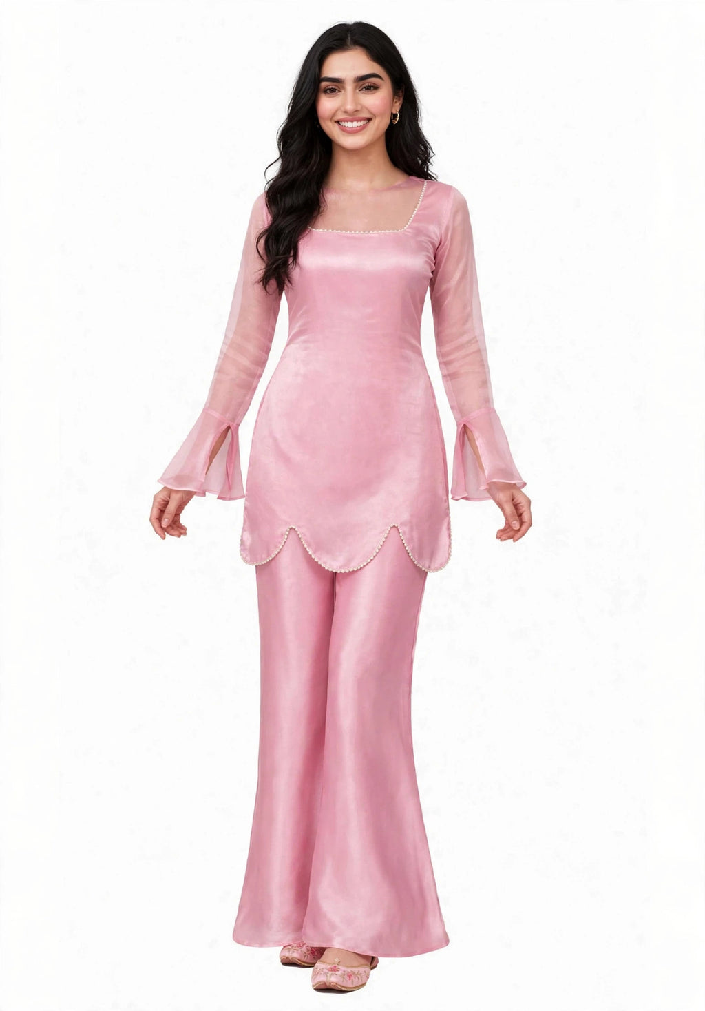 2 Piece Pink Silk Suit | Bell Sleeve Co-ord with Scallop Hem