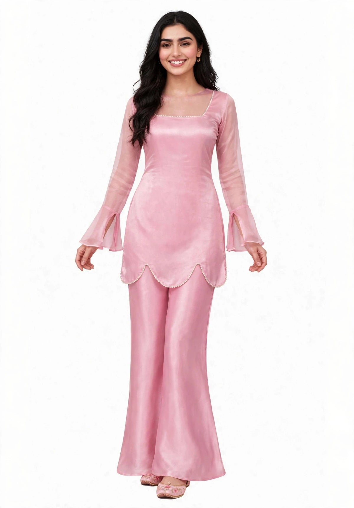 2 Piece Pink Silk Suit | Bell Sleeve Co-ord with Scallop Hem
