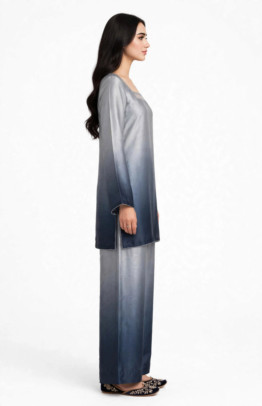 2 Piece Silver Navy Ombre Silk Suit | Square Neck Shirt with Wide Pants