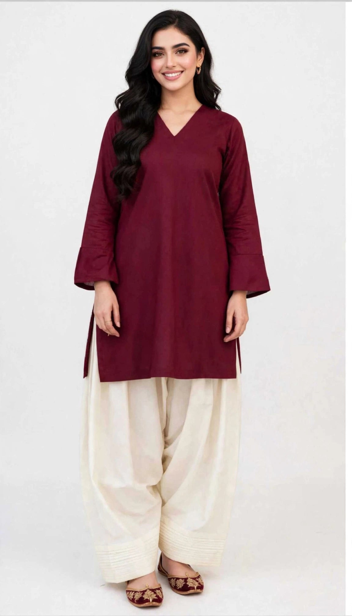 2 Piece Maroon Ivory Silk Suit | V-Neck Shirt with Shalwar