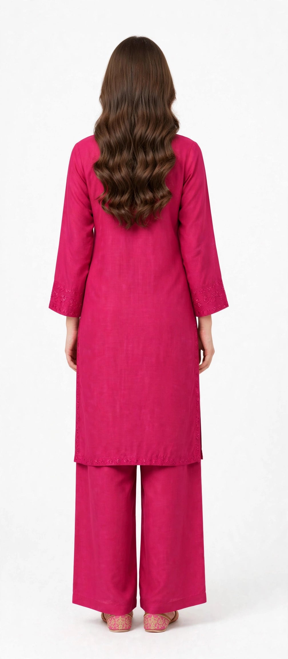 2 Piece Fuchsia Silk Suit | Embroidered Shirt with Wide Pants