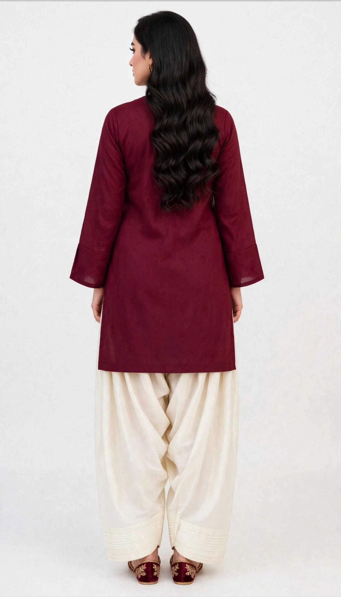 2 Piece Maroon Ivory Silk Suit | V-Neck Shirt with Shalwar