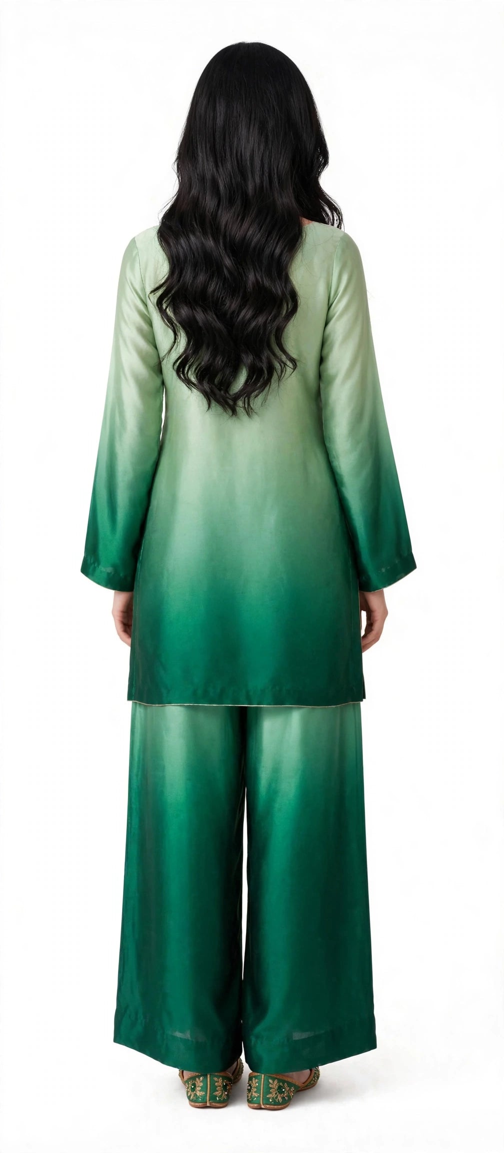 2 Piece Green Ombre Silk Suit | Square Neck Shirt with Wide Pants