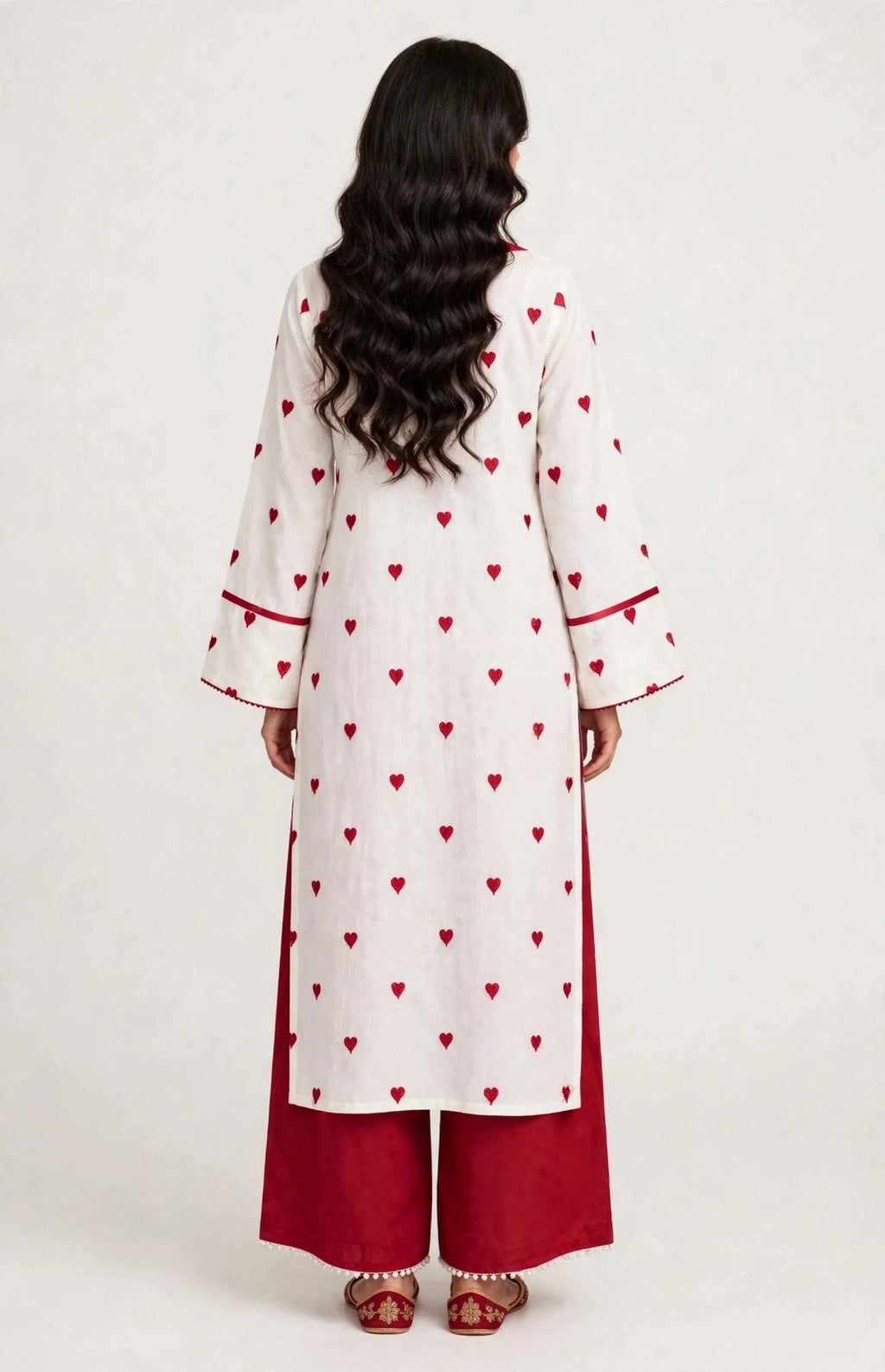 2 Piece White Maroon Silk Suit | Heart Print Co-ord Set