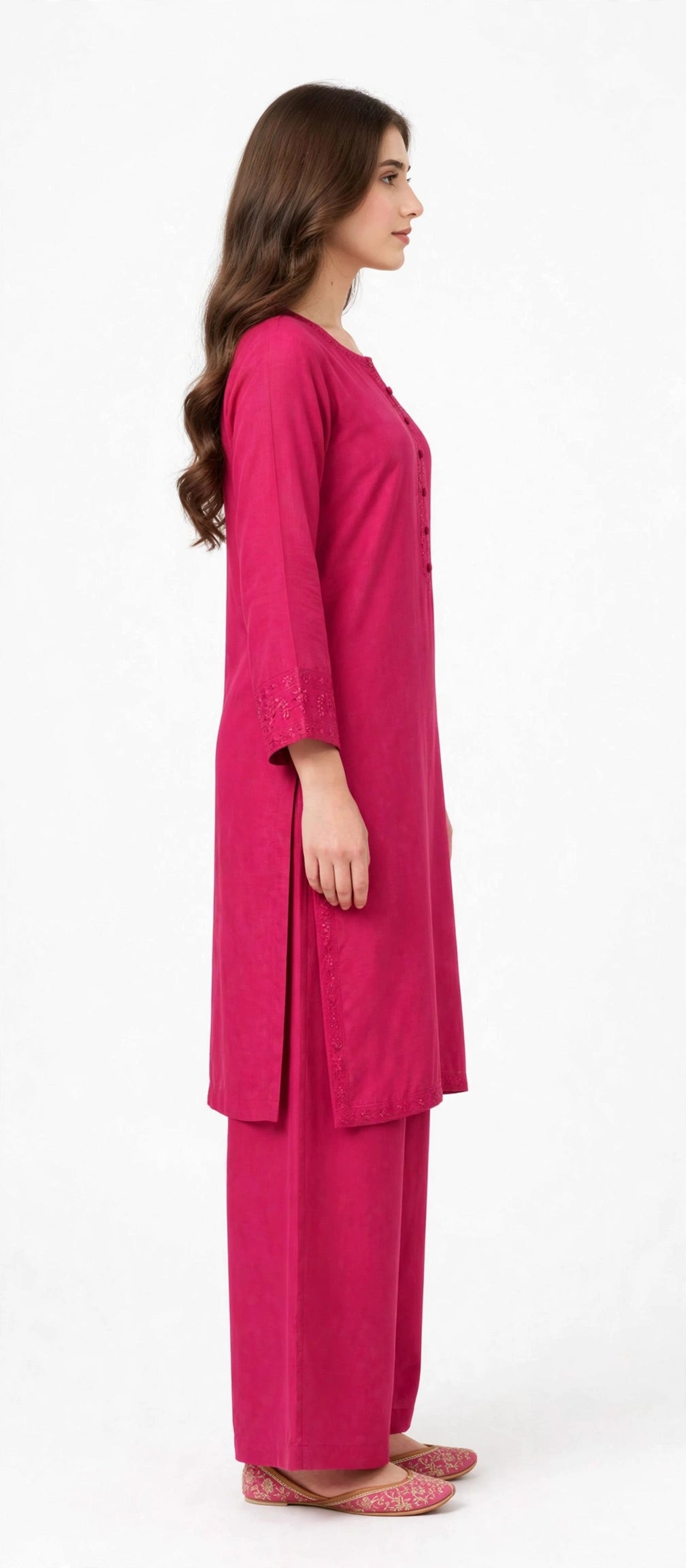 2 Piece Fuchsia Silk Suit | Embroidered Shirt with Wide Pants