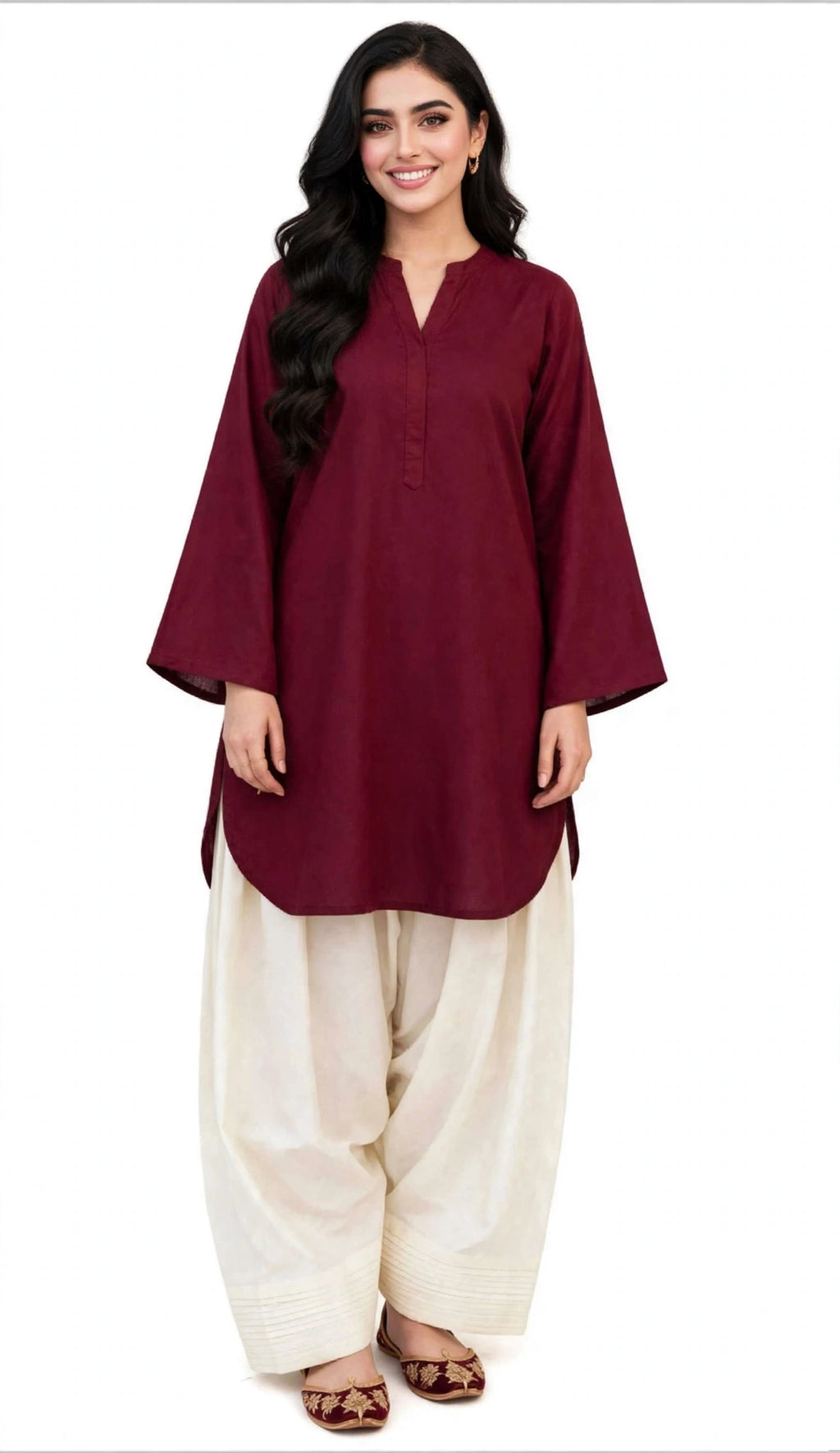 2 Piece Maroon Ivory Silk Suit | Bell Sleeve Shirt with Shalwar