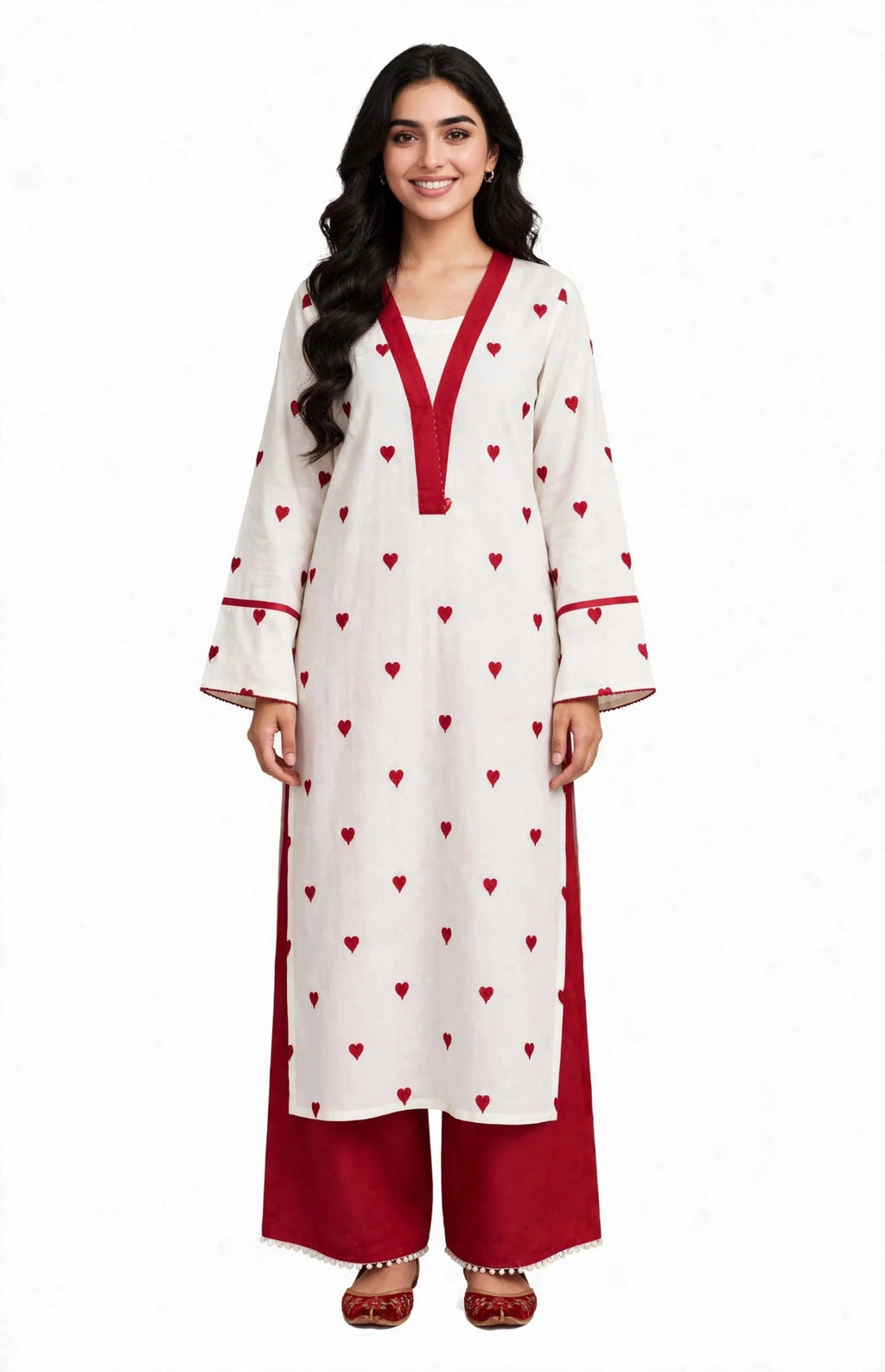 2 Piece White Maroon Silk Suit | Heart Print Co-ord Set