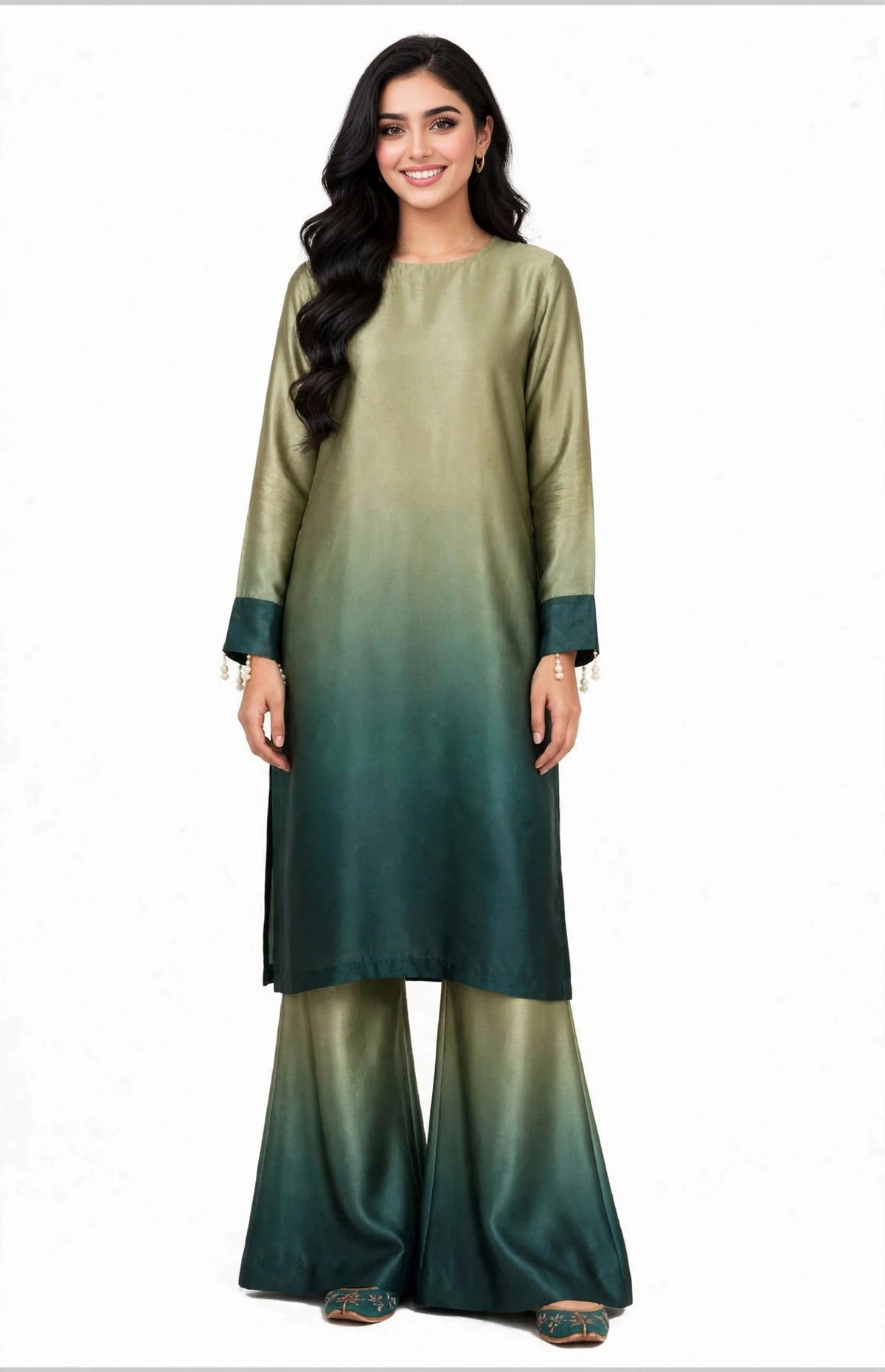 2 Piece Olive Green Ombre Silk Suit | Gradient Co-ord Set