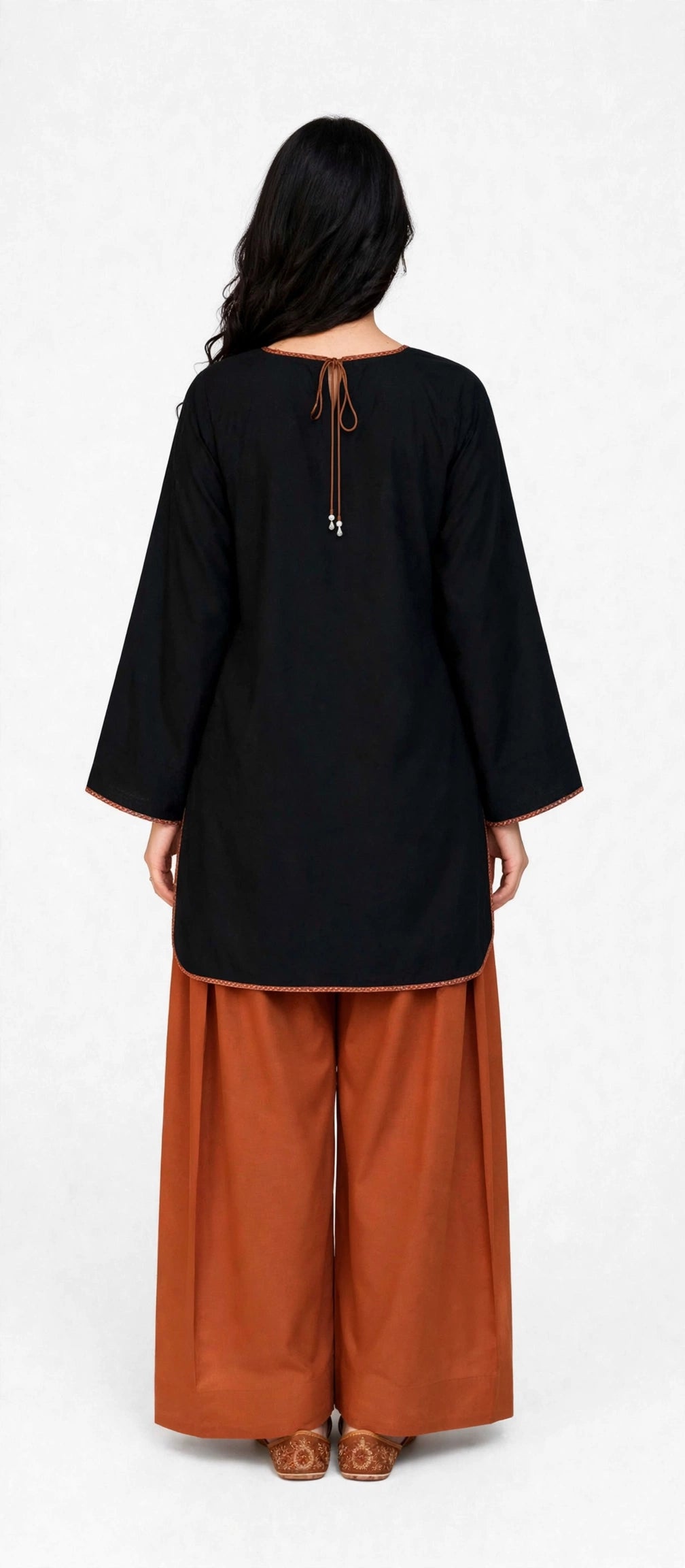 2 Piece Black Rust Silk Suit | Tie Neck Shirt with Wide Pants