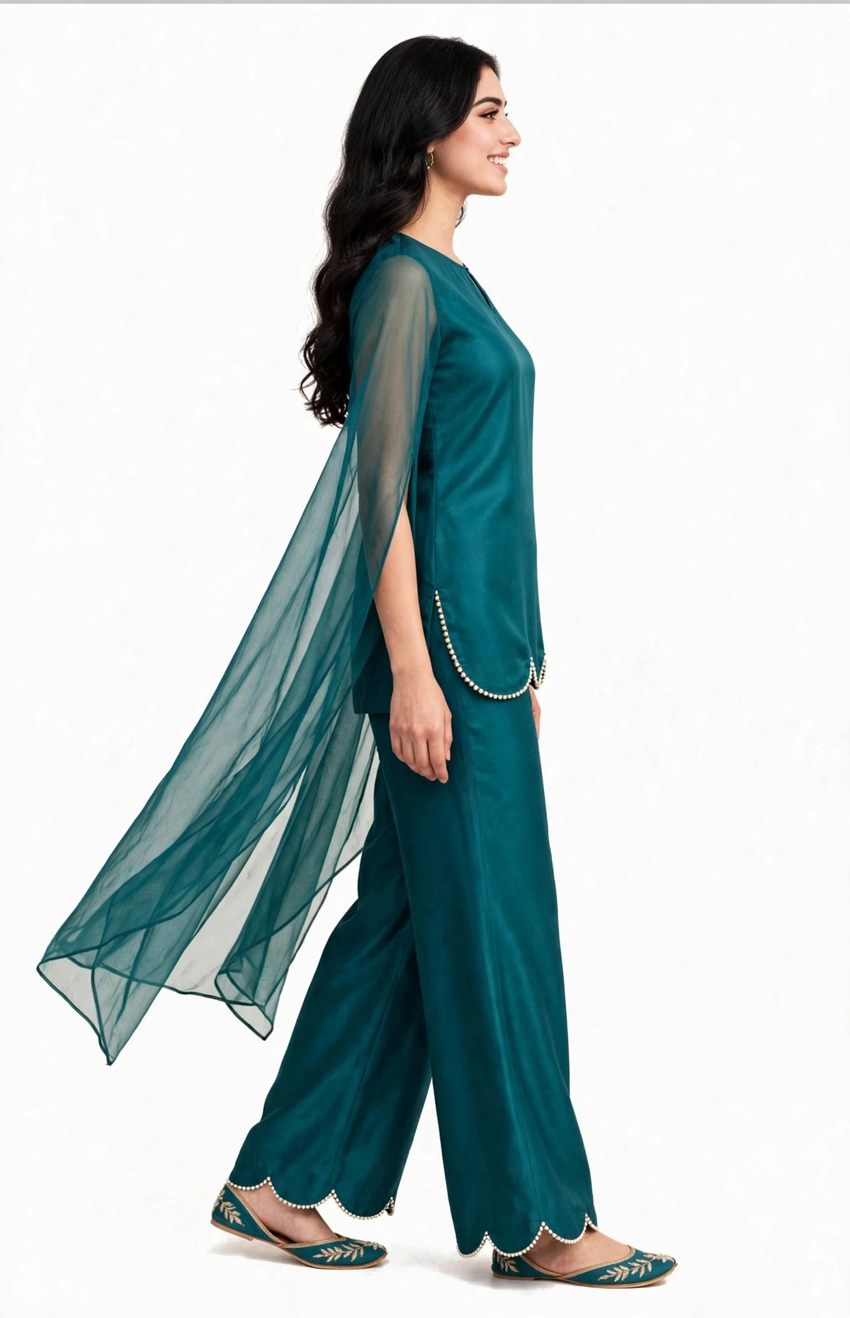 2 Piece Teal Silk Suit | Cape Sleeve Co-ord with Scallop Hem
