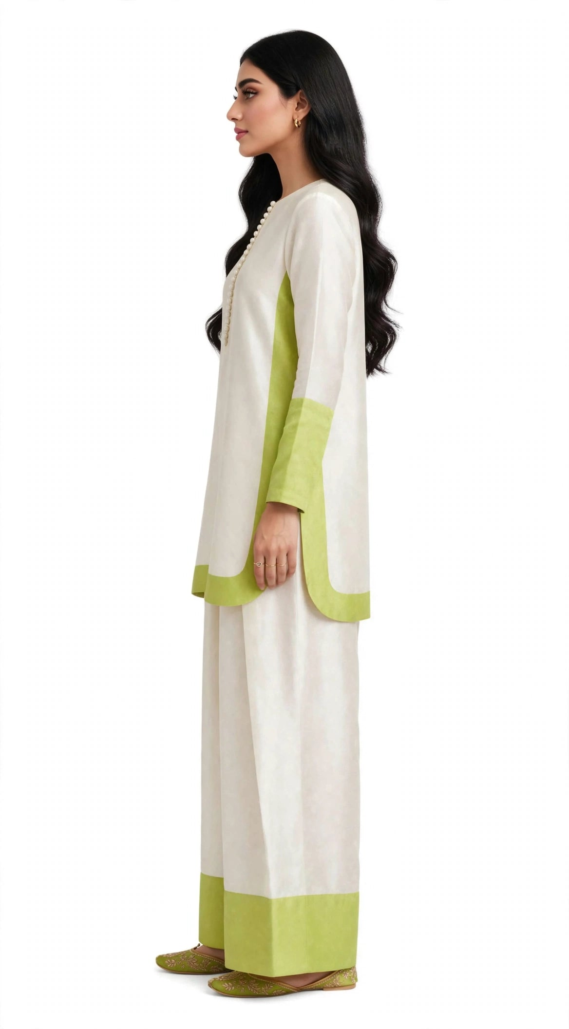 2 Piece Ivory Lime Silk Suit | Color Block Shirt with Wide Pants