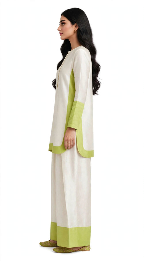 2 Piece Ivory Lime Silk Suit | Color Block Shirt with Wide Pants