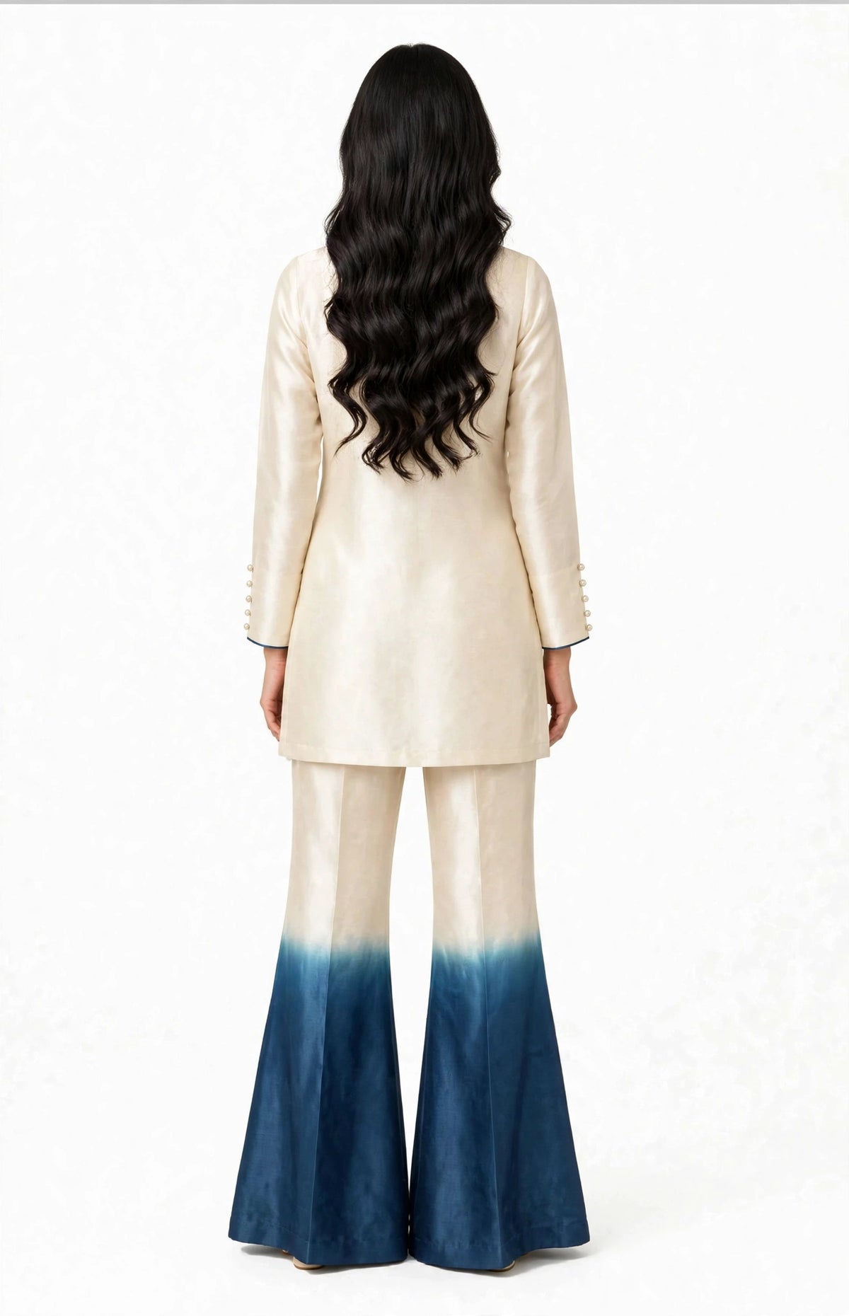 2 Piece Ivory Blue Ombre Silk Suit | Embellished Co-ord Set