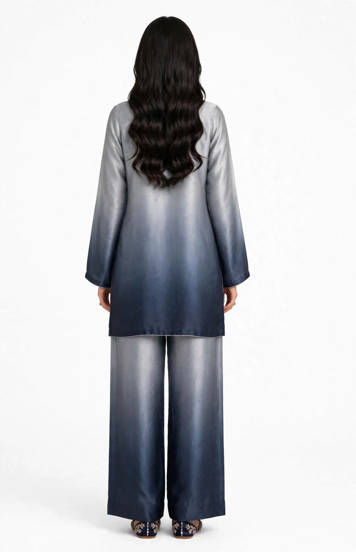 2 Piece Silver Navy Ombre Silk Suit | Square Neck Shirt with Wide Pants