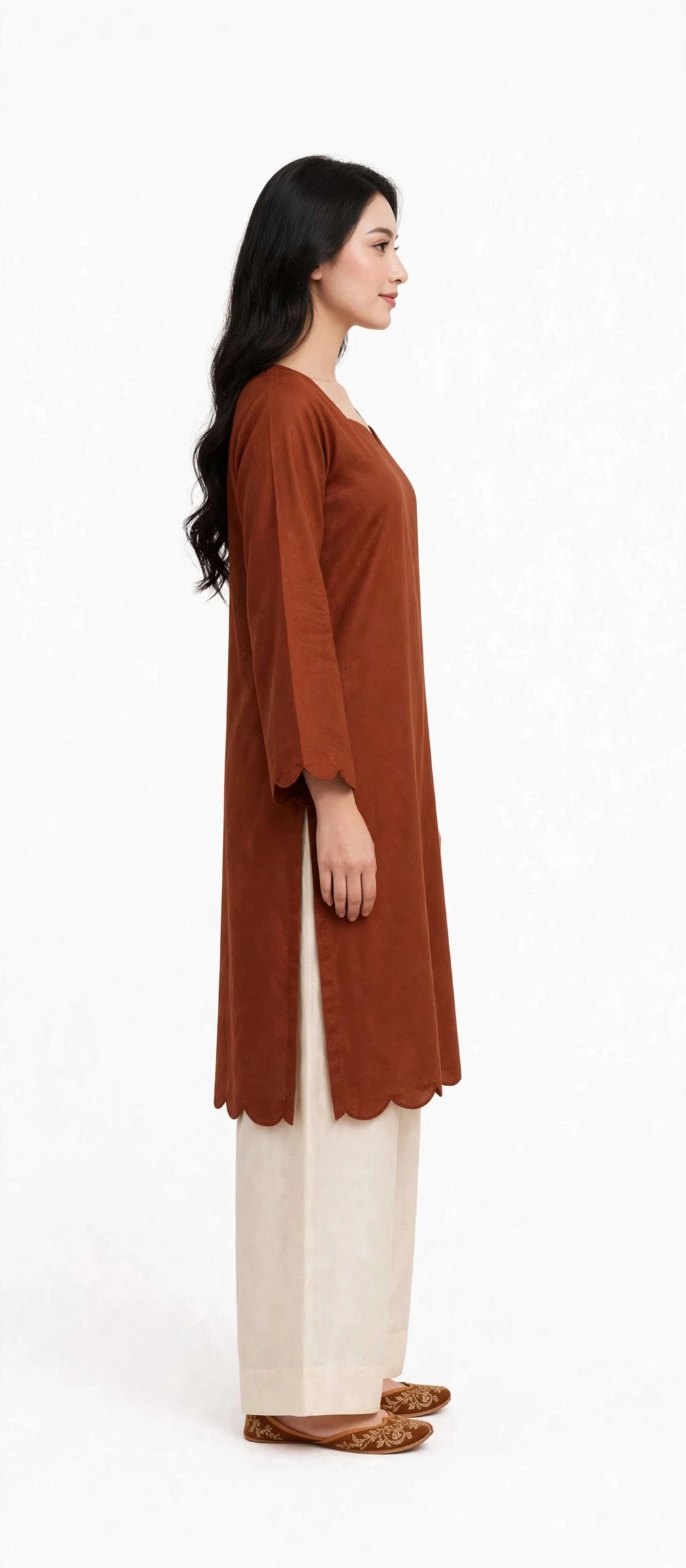 2 Piece Terracotta Silk Suit | Sweetheart Neck Shirt with Wide Pants