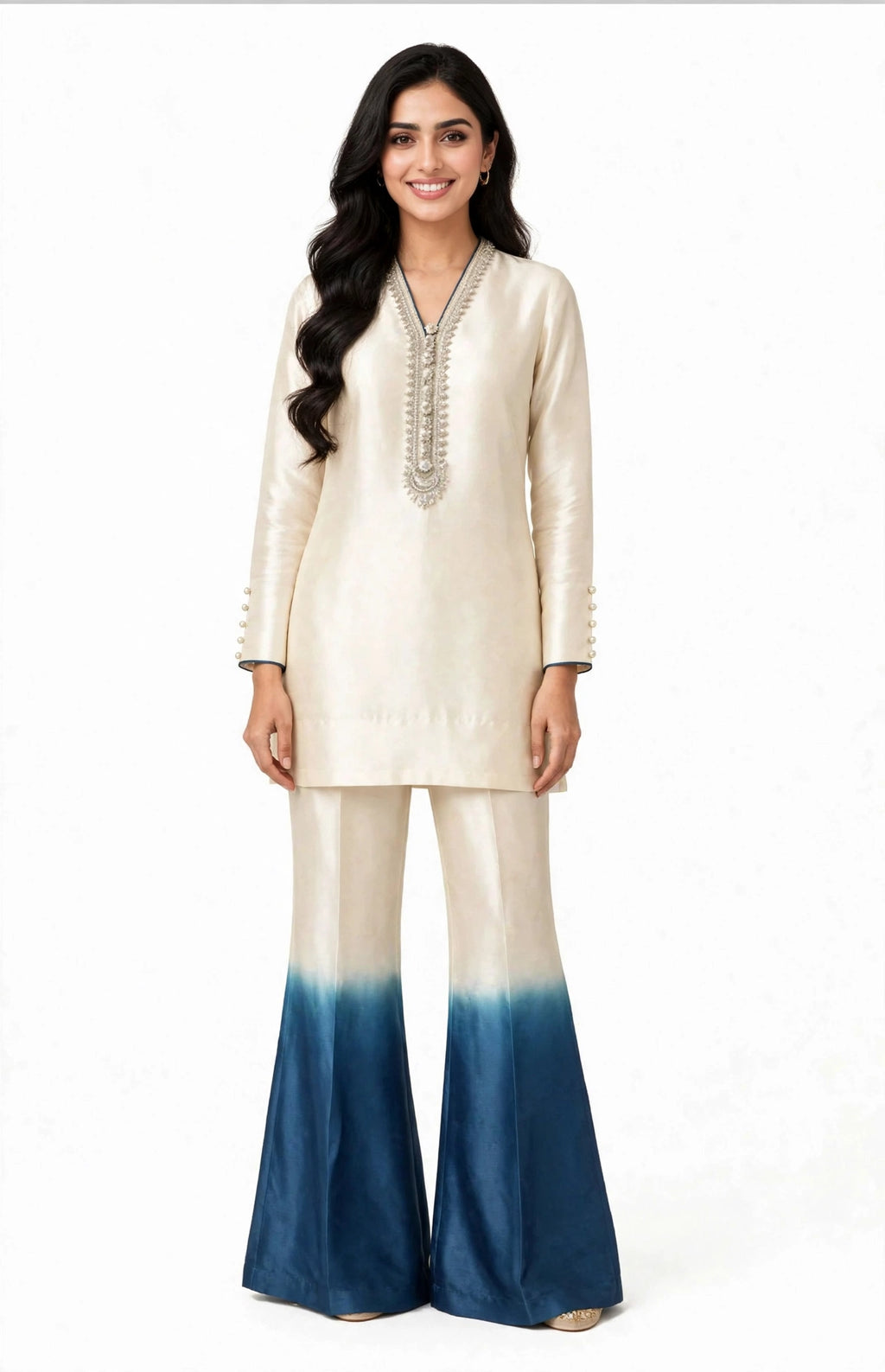 2 Piece Ivory Blue Ombre Silk Suit | Embellished Co-ord Set