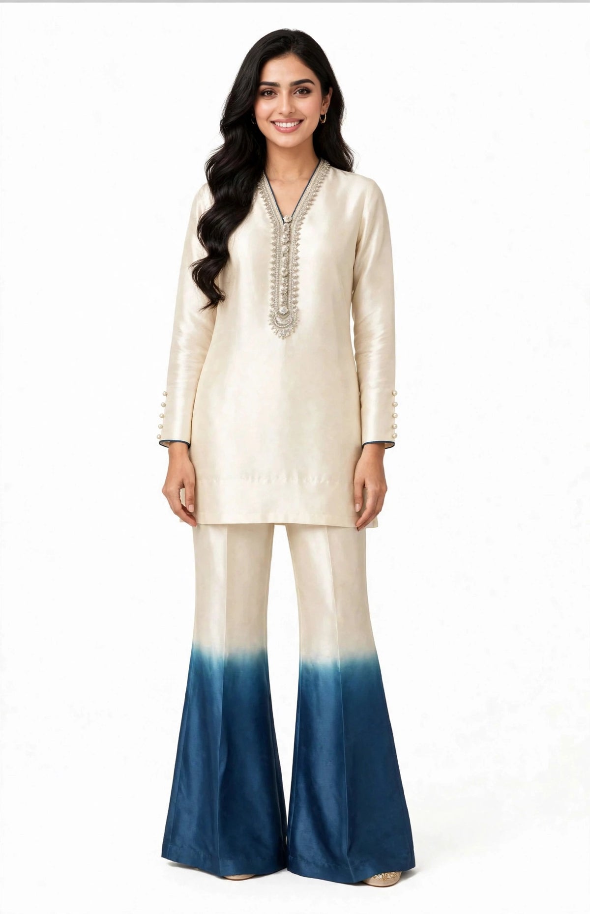 2 Piece Ivory Blue Ombre Silk Suit | Embellished Co-ord Set