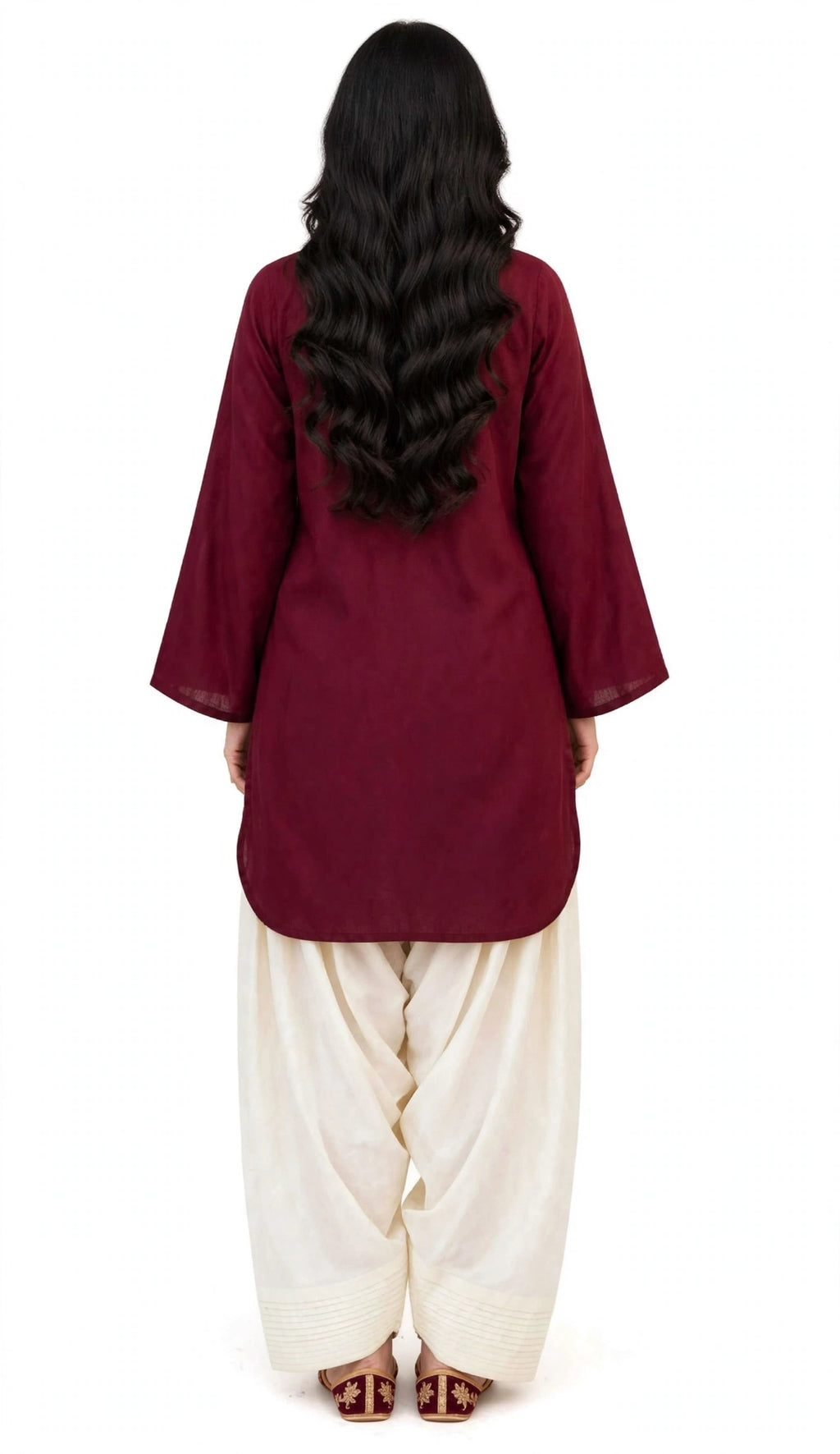 2 Piece Maroon Ivory Silk Suit | Bell Sleeve Shirt with Shalwar