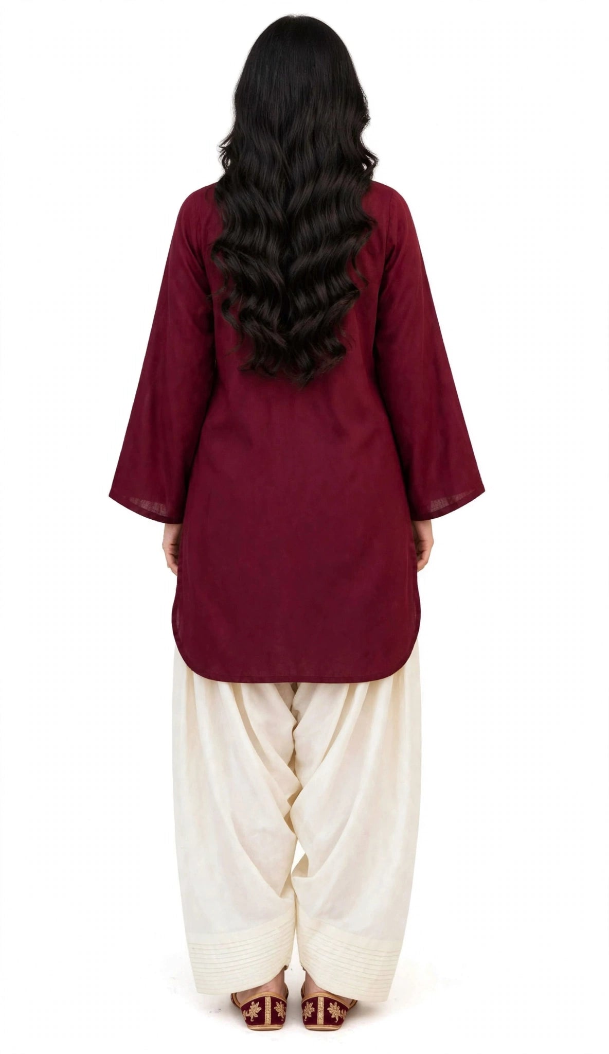 2 Piece Maroon Ivory Silk Suit | Bell Sleeve Shirt with Shalwar