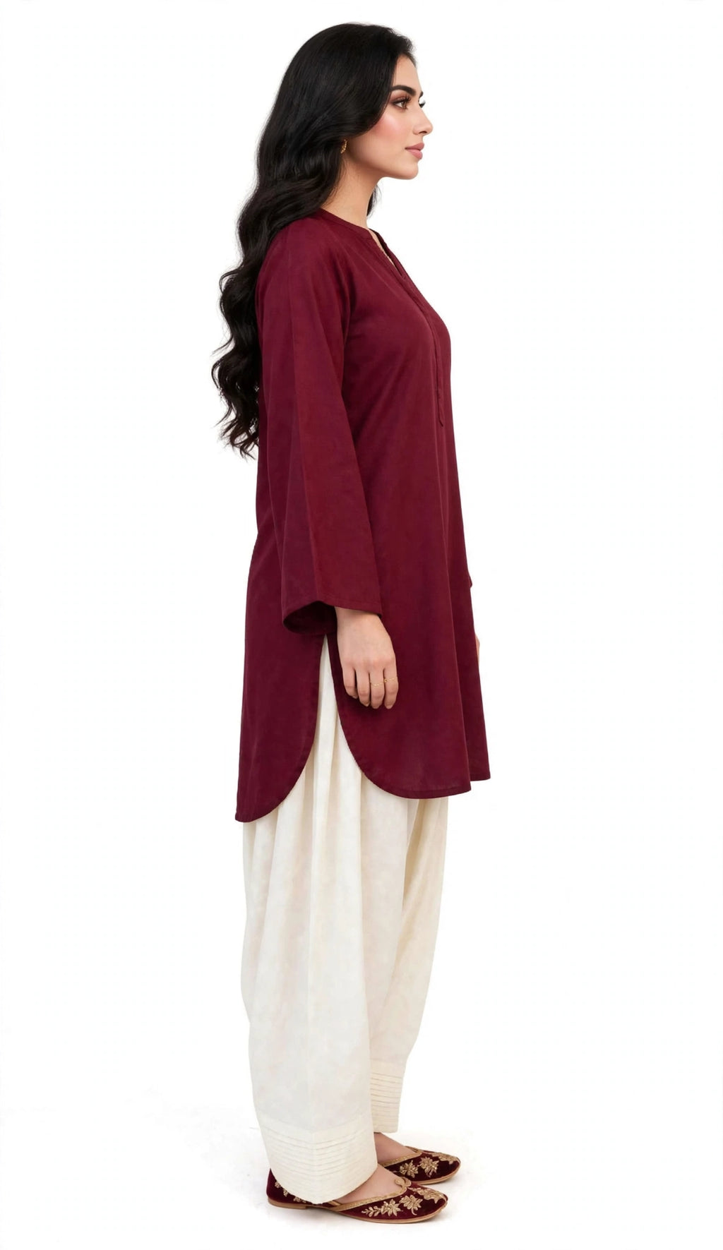2 Piece Maroon Ivory Silk Suit | Bell Sleeve Shirt with Shalwar