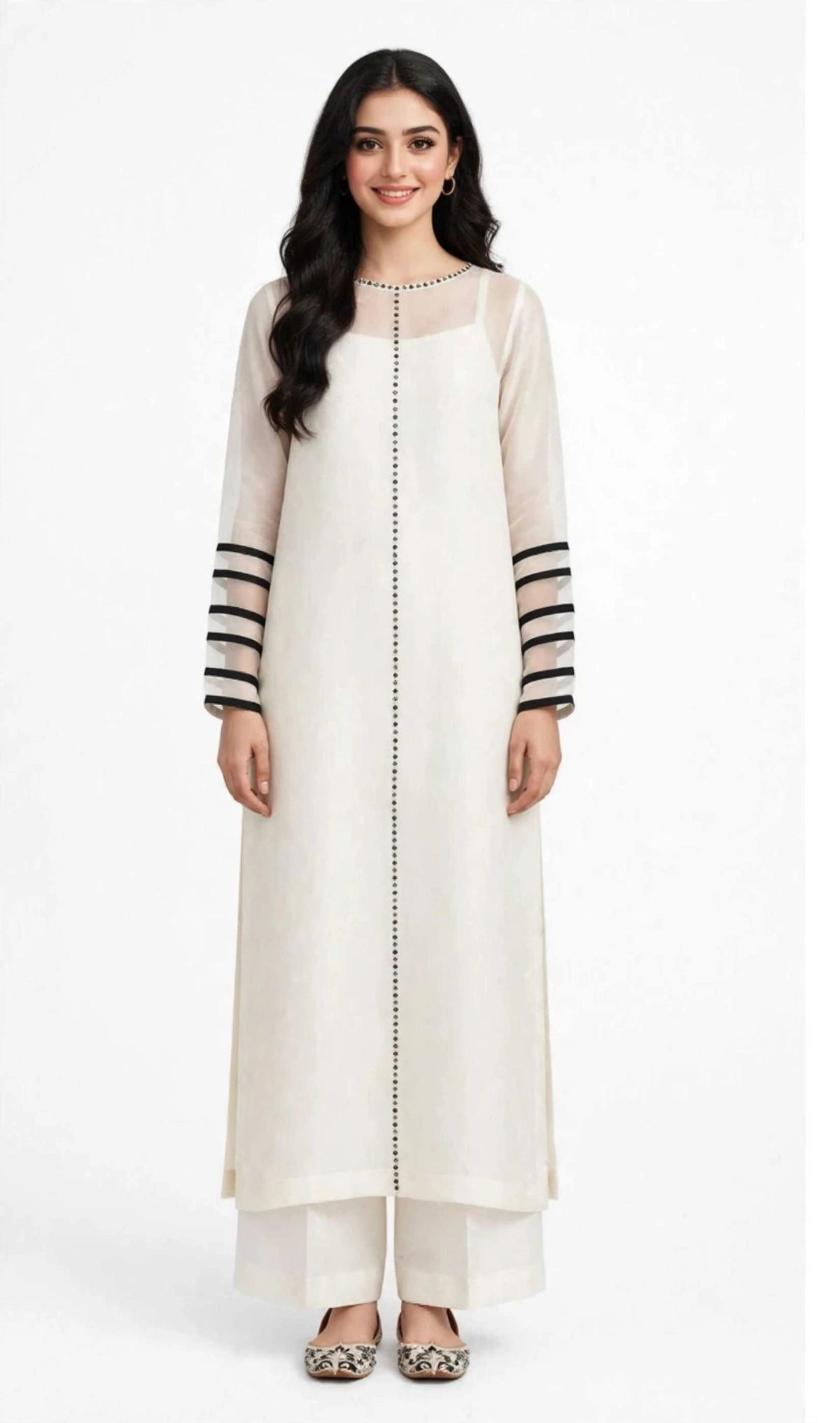 2 Piece Ivory Chiffon Suit | Beadwork Shirt with Striped Sleeves