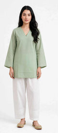 2 Piece Sage Green Silk Suit | Scallop V-Neck Shirt with White Pants