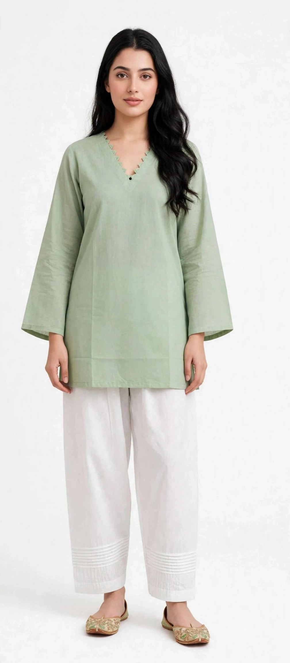 2 Piece Sage Green Silk Suit | Scallop V-Neck Shirt with White Pants