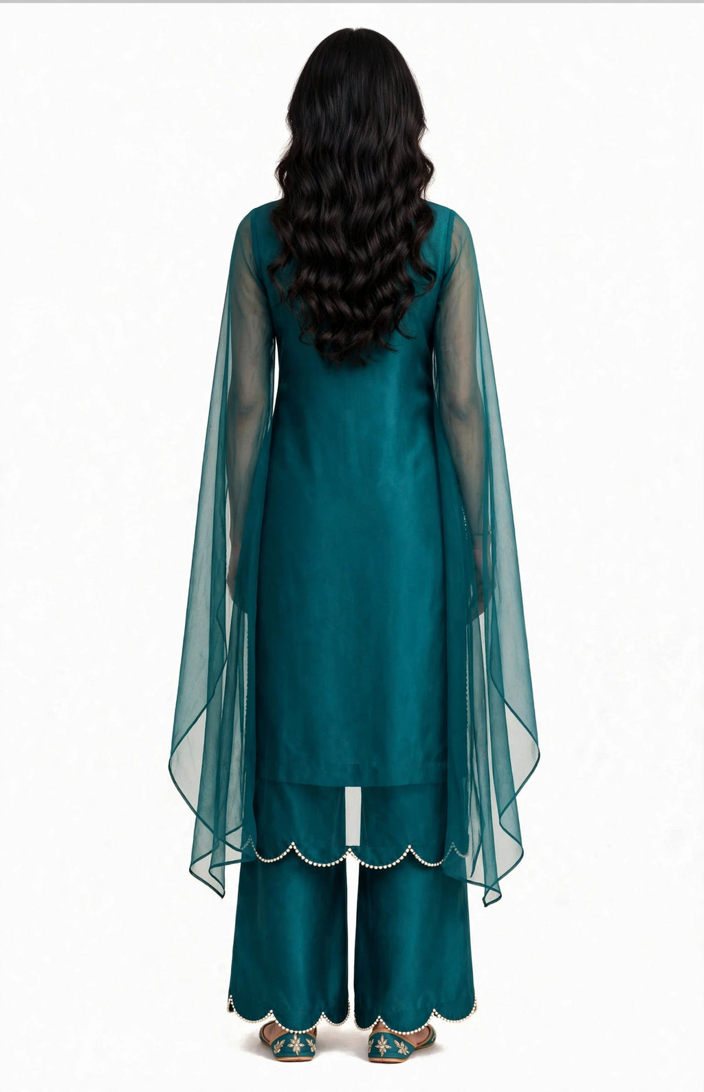 2 Piece Teal Silk Suit | Cape Sleeve Co-ord with Scallop Hem