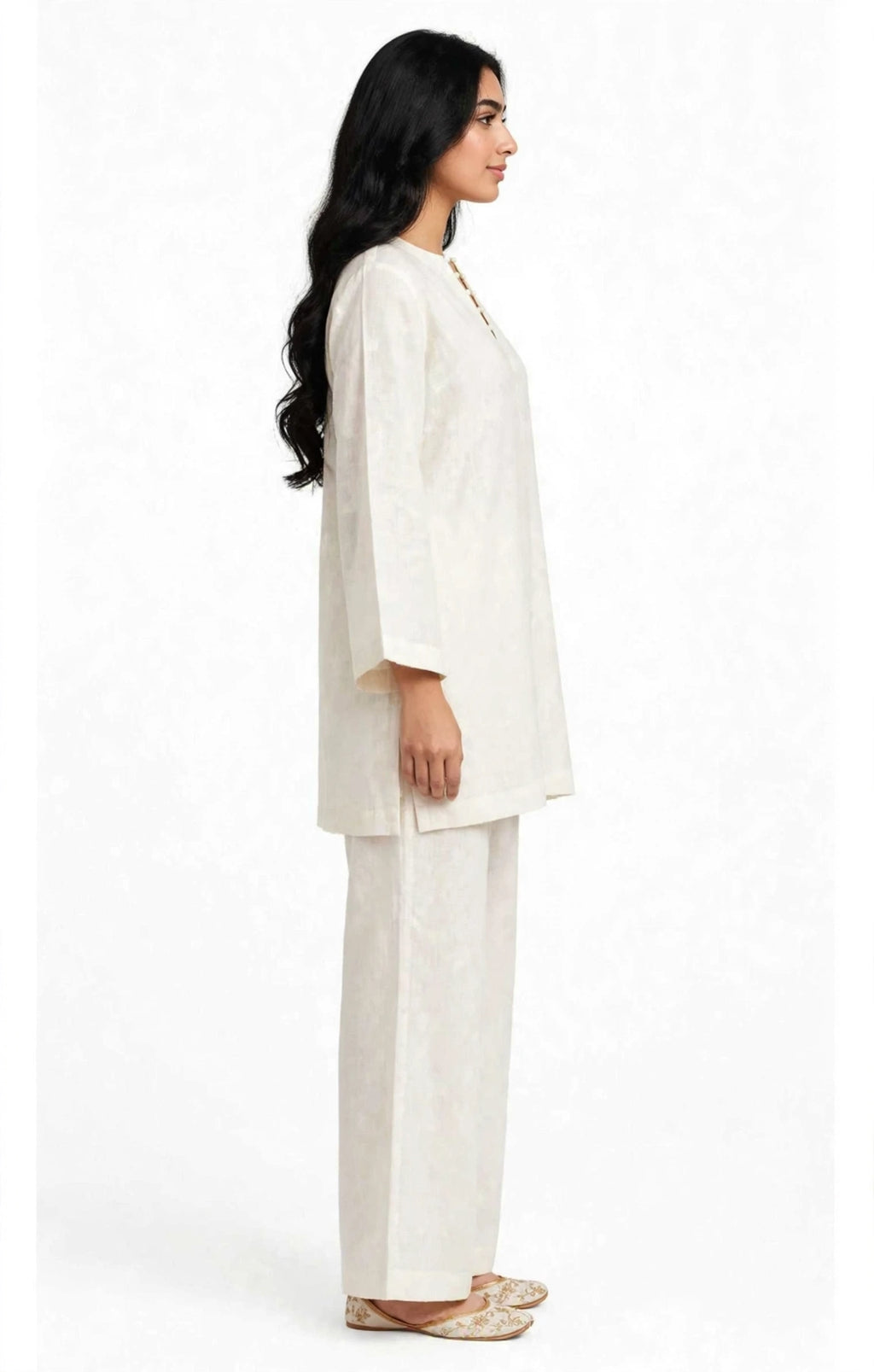 2 Piece Ivory Silk Suit | Pearl Button Shirt with Wide Pants