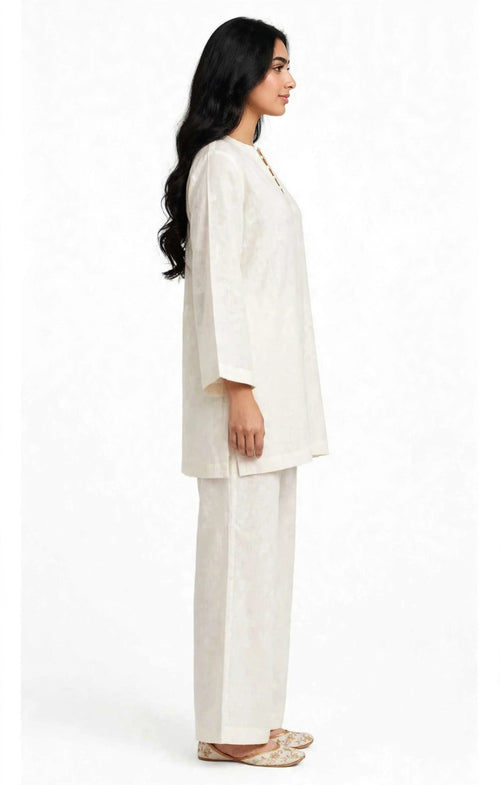 2 Piece Ivory Silk Suit | Pearl Button Shirt with Wide Pants