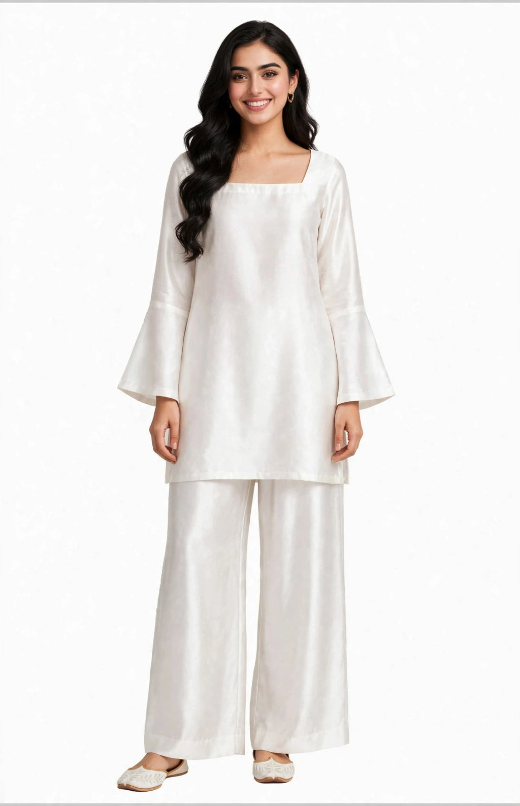 2 Piece White Silk Suit | Square Neck Co-ord Set