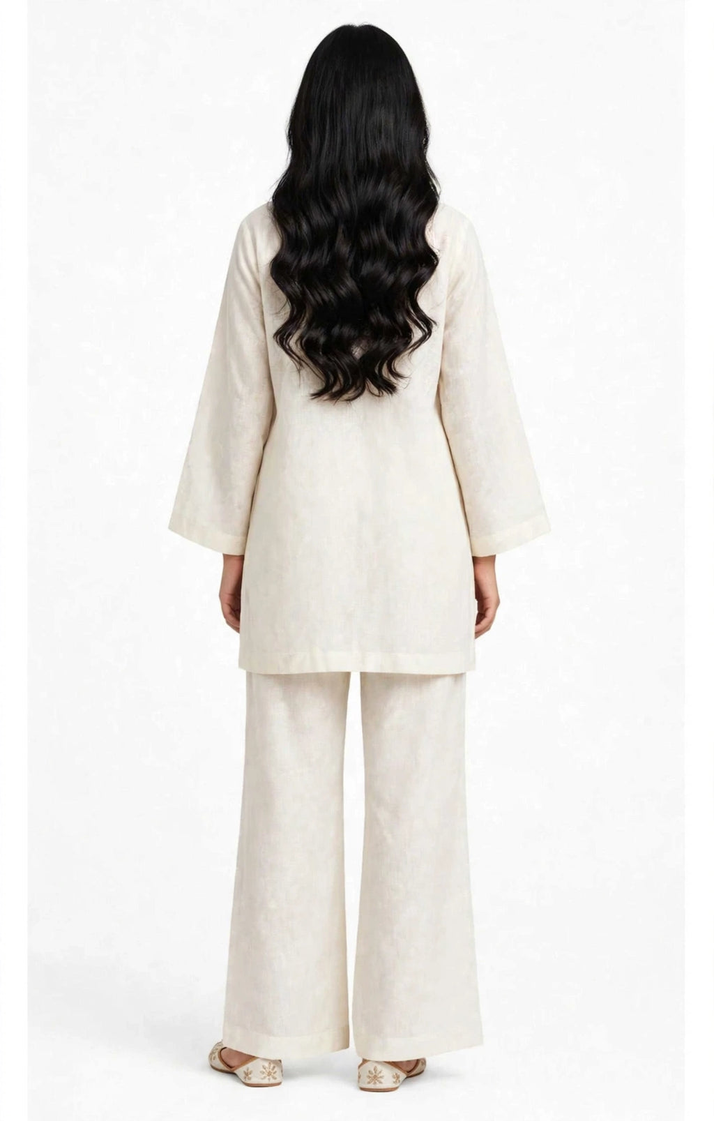 2 Piece Ivory Silk Suit | Pearl Button Shirt with Wide Pants