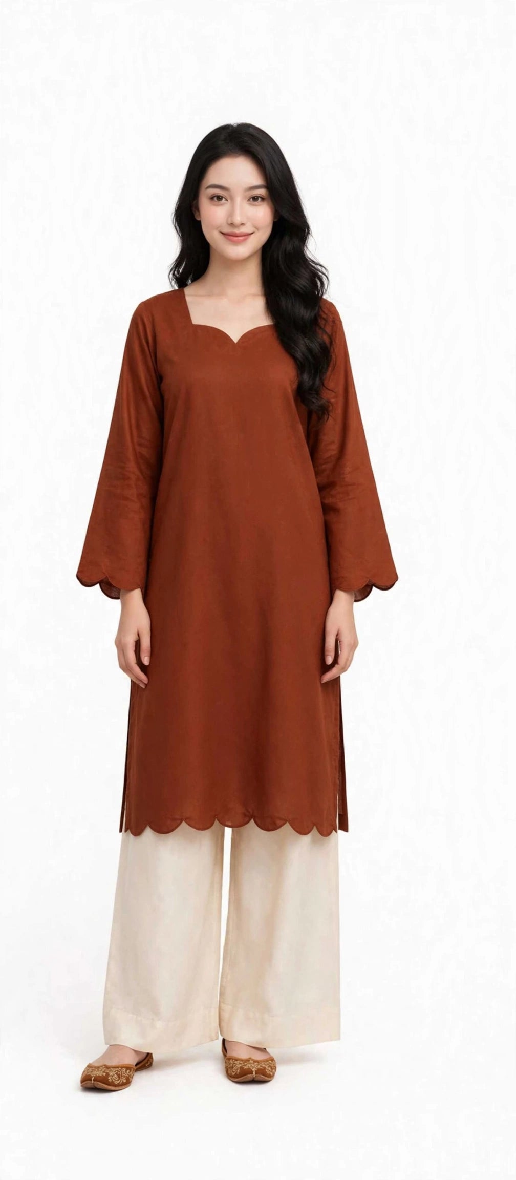 2 Piece Terracotta Silk Suit | Sweetheart Neck Shirt with Wide Pants