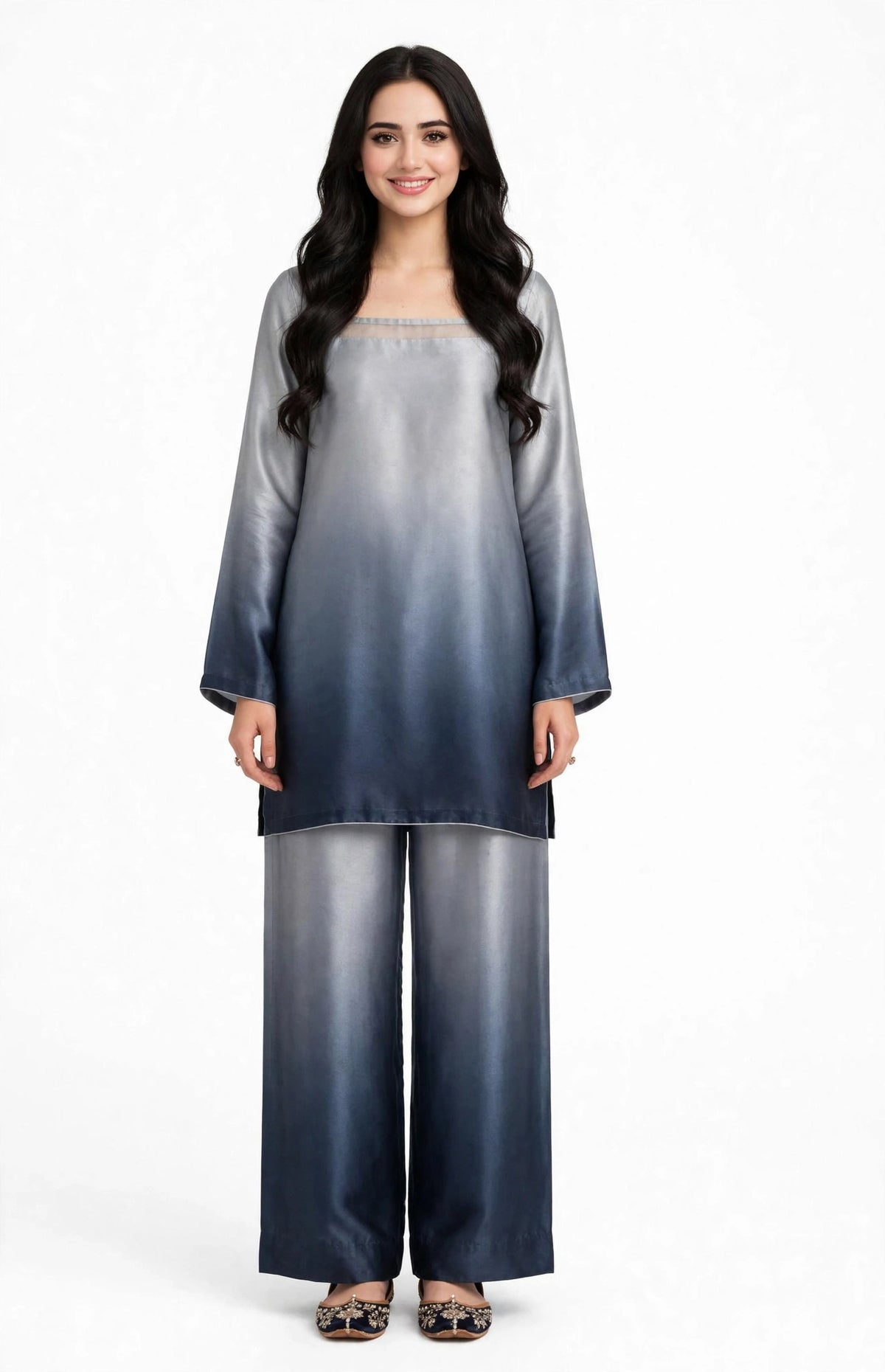 2 Piece Silver Navy Ombre Silk Suit | Square Neck Shirt with Wide Pants