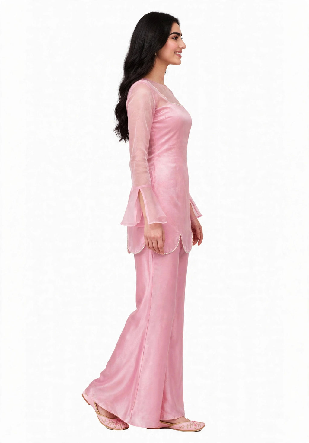 2 Piece Pink Silk Suit | Bell Sleeve Co-ord with Scallop Hem