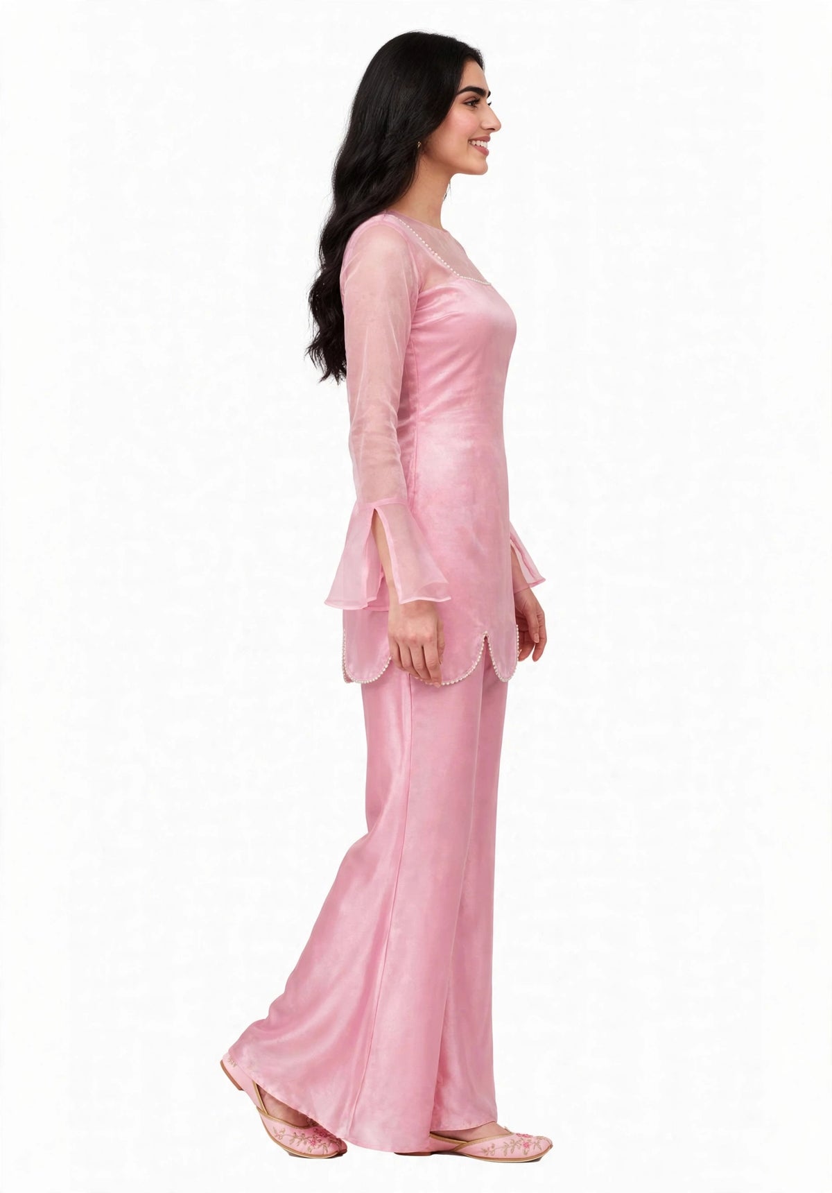 2 Piece Pink Silk Suit | Bell Sleeve Co-ord with Scallop Hem