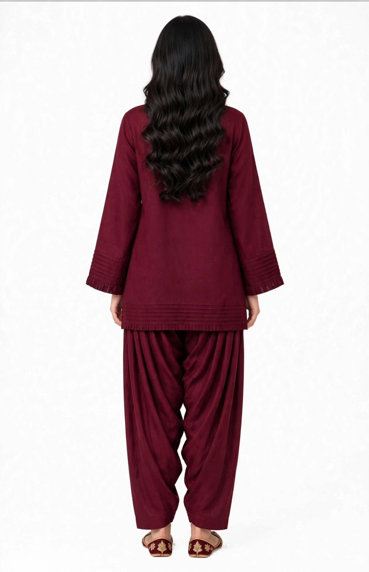 2 Piece Maroon Silk Suit | Pleated Shirt with Shalwar Pants