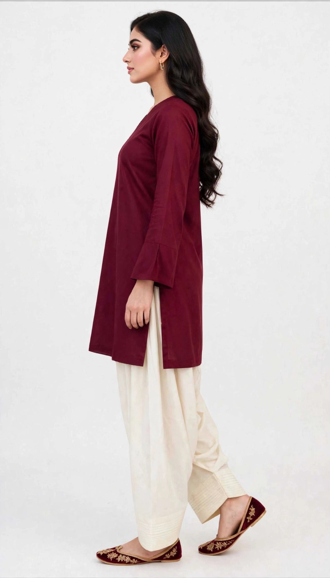 2 Piece Maroon Ivory Silk Suit | V-Neck Shirt with Shalwar