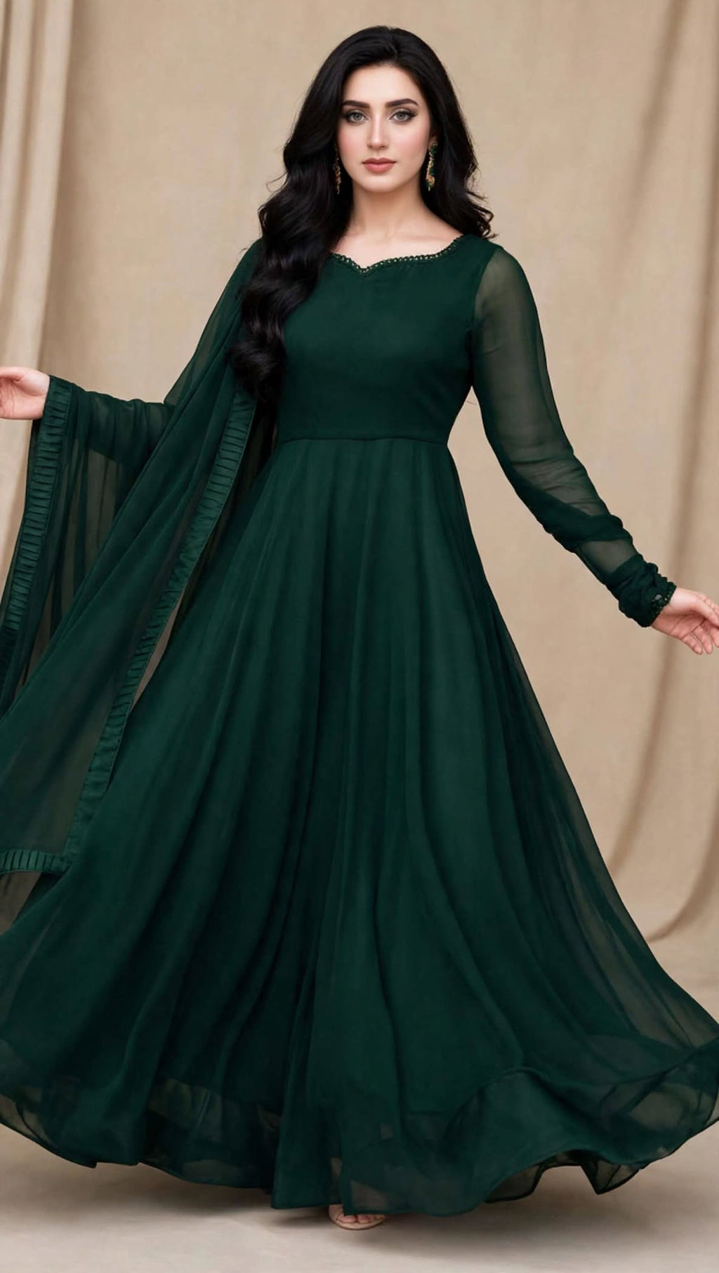 Emerald Whisper - Bottle Green Chiffon 3-Piece Frock Set