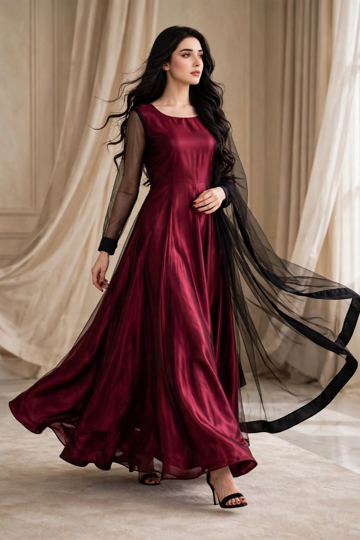 Crimson Romance - Maroon Silk & Net 3-Piece Frock Set