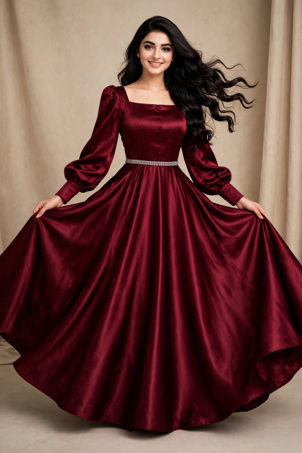Royal Gala - Maroon Satin Shine 3-Piece Frock Set