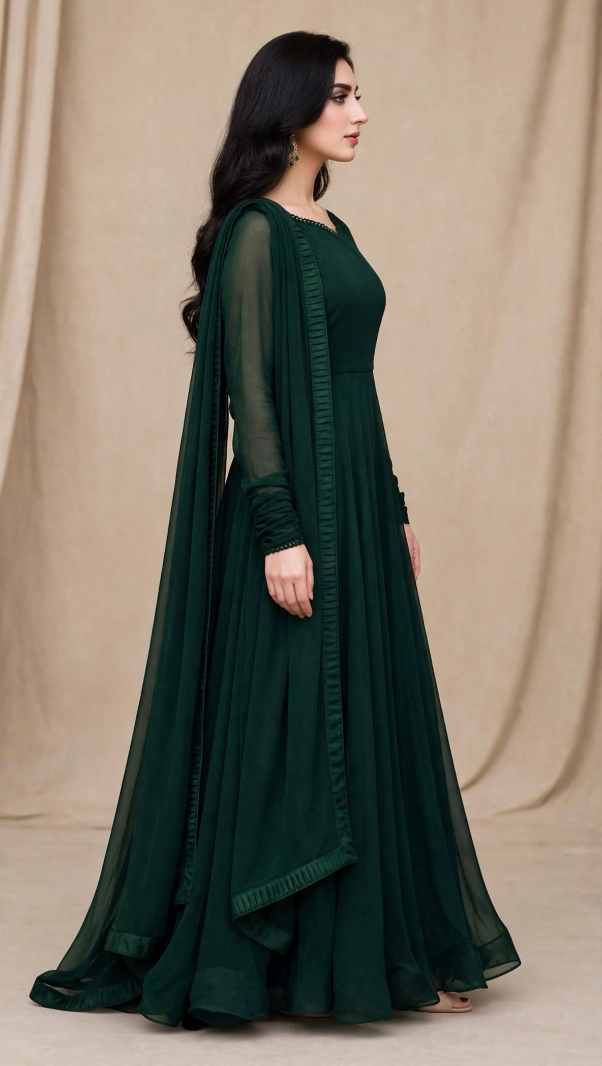 Emerald Whisper - Bottle Green Chiffon 3-Piece Frock Set