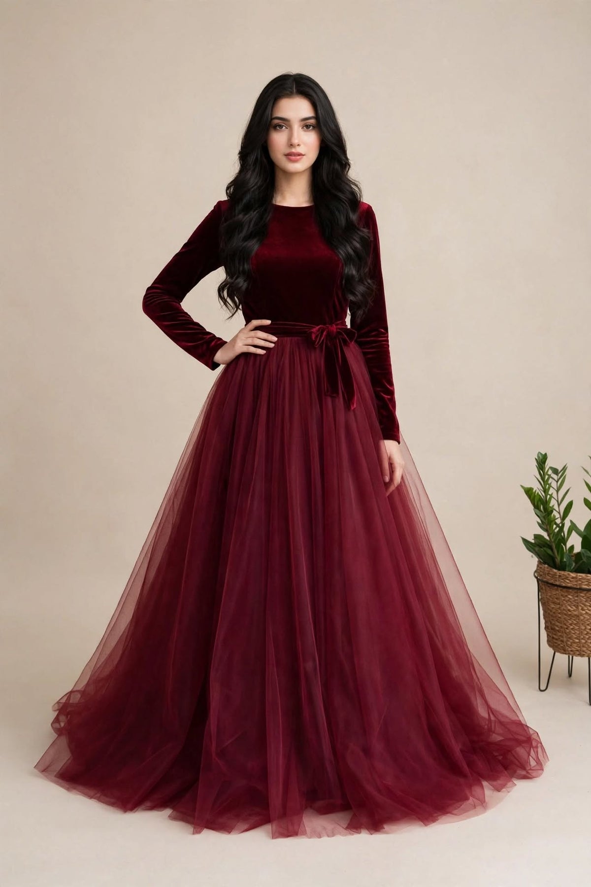 Velvet Dream - Maroon Velvet & Net 3-Piece Frock Set