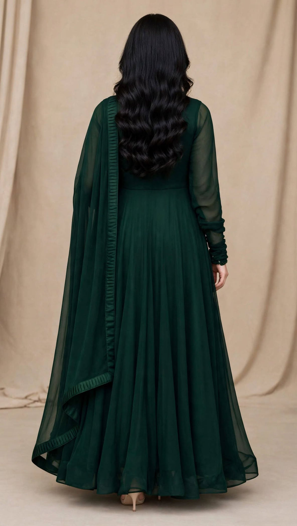 Emerald Whisper - Bottle Green Chiffon 3-Piece Frock Set