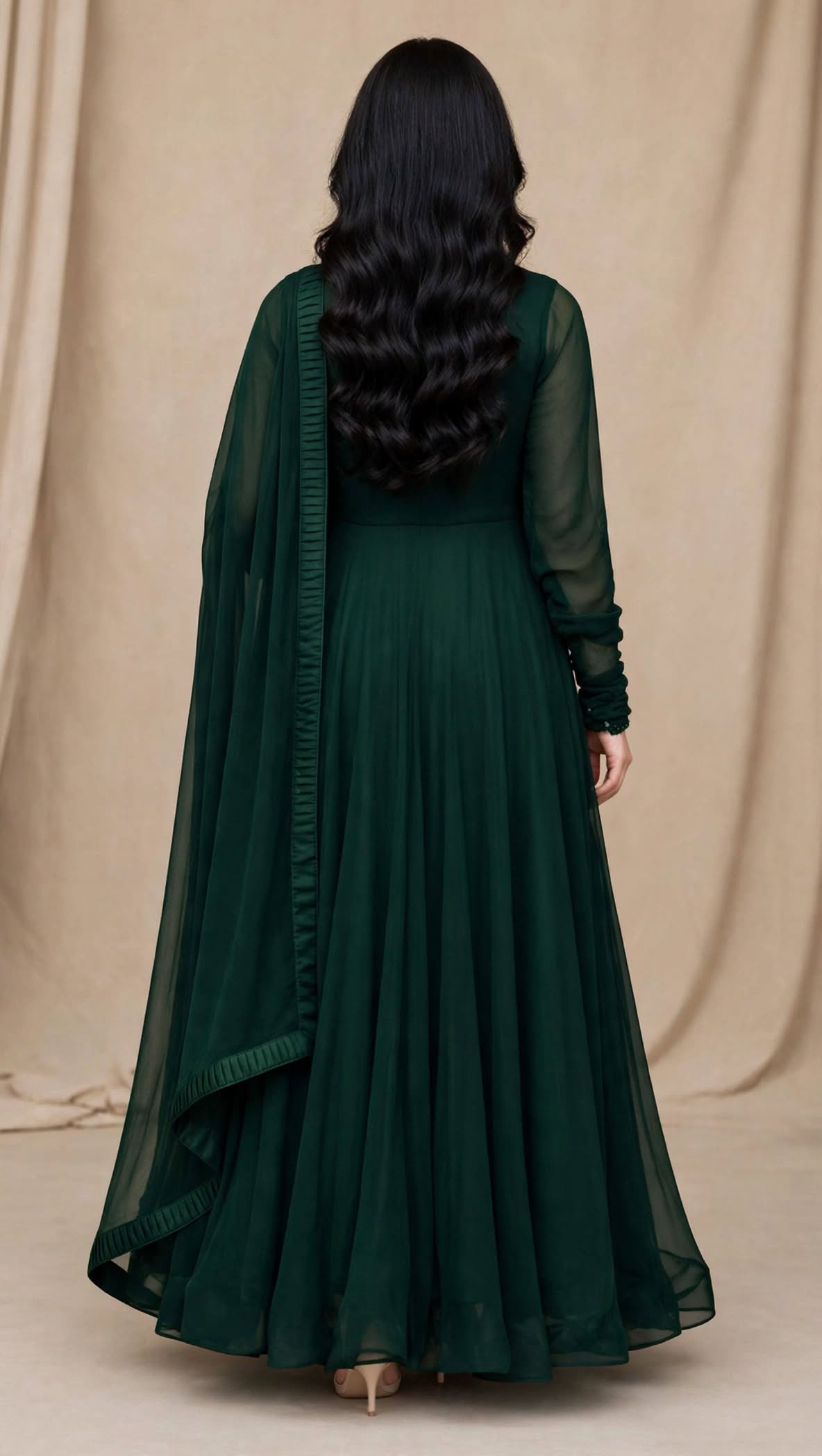 Emerald Whisper - Bottle Green Chiffon 3-Piece Frock Set